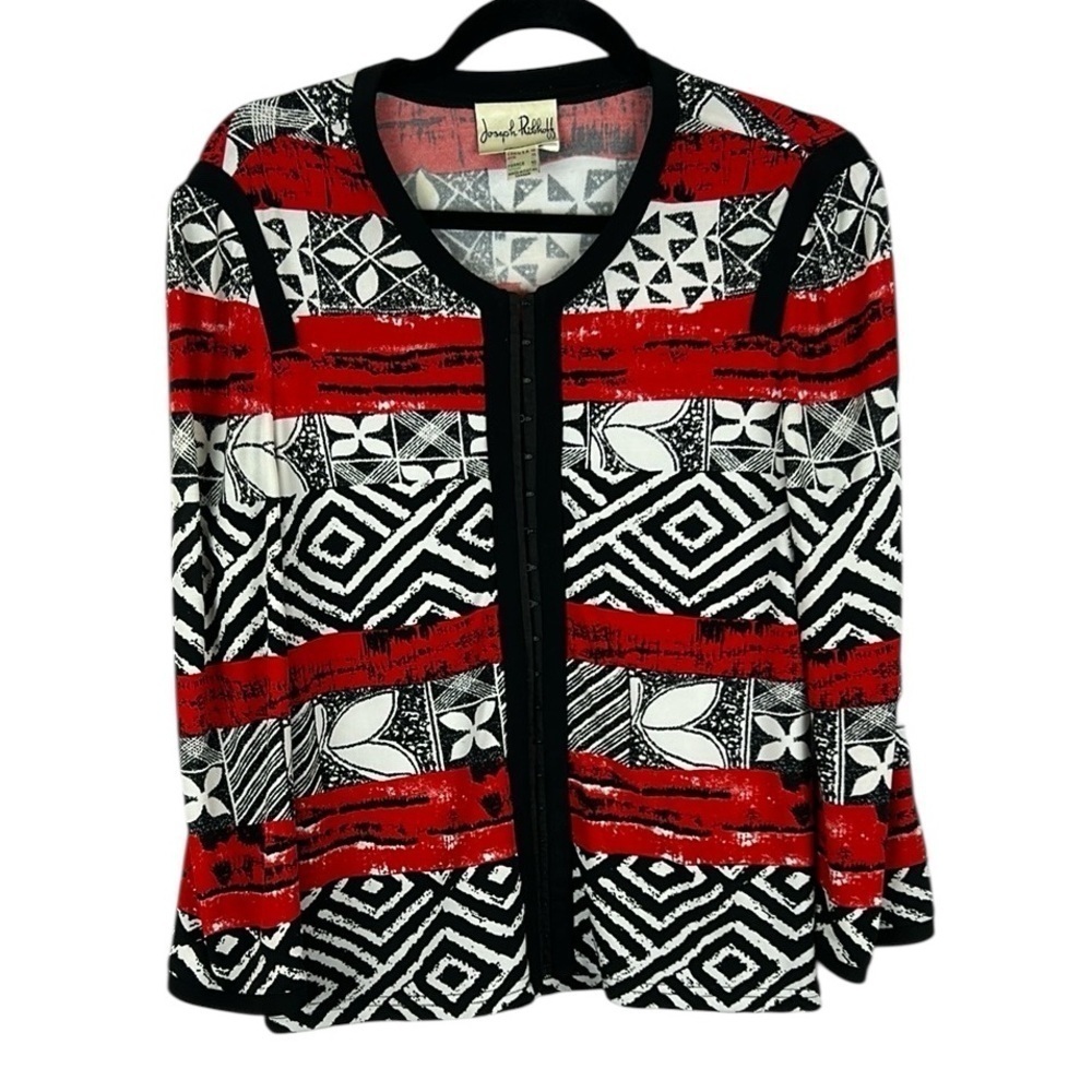 Joseph Ribkoff Geometric Floral Hook & Eye Front Long Sleeve Jacket Top Size 10
